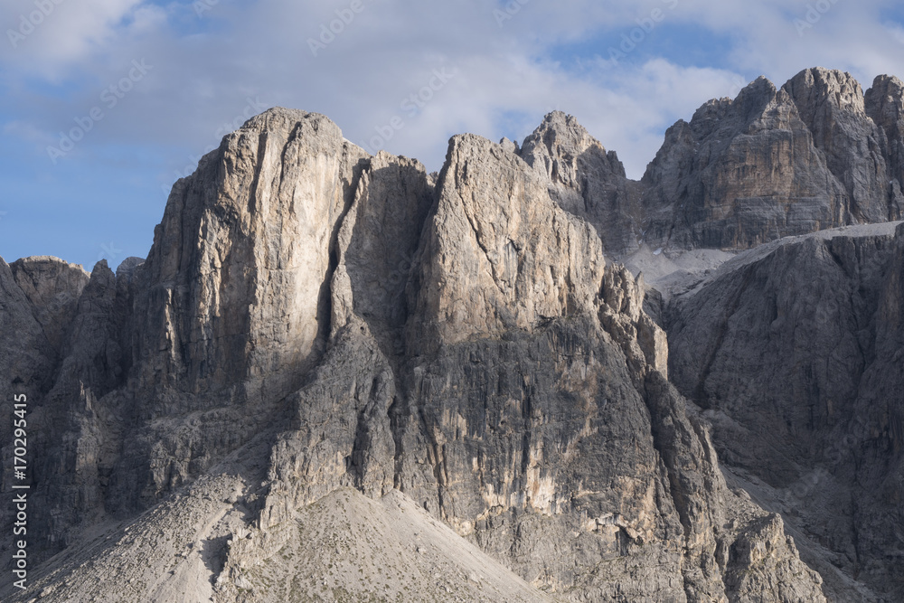 Panoramic view of Sella group mountain range or Gruppo del Sella and Gardena pass or Grodner Joch, South Tirol, Dolomite Alps, Italy