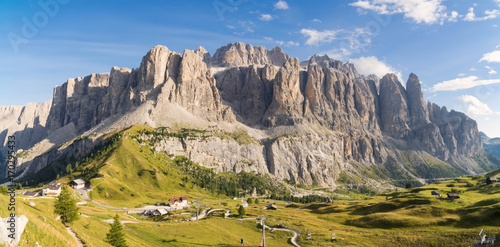 Panoramic view of Sella group mountain range or Gruppo del Sella and Gardena pass or Grodner Joch, South Tirol, Dolomite Alps, Italy