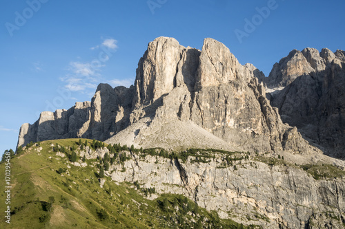 Panoramic view of Sella group mountain range or Gruppo del Sella and Gardena pass or Grodner Joch  South Tirol  Dolomite Alps  Italy