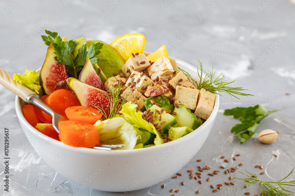 vegan lunch, tofu fruit vegetables salad vegan lunch, tofu fruit vegetables salad