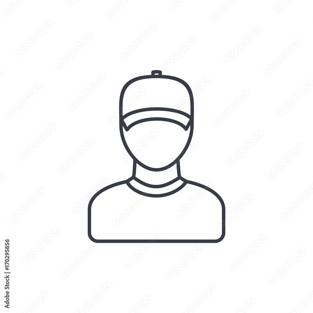 Delivery man in cap, courier thin line icon. Linear vector illustration. Pictogram isolated on white background Delivery man in cap, courier thin line icon. Linear vector illustration. Pictogram isolated on white background