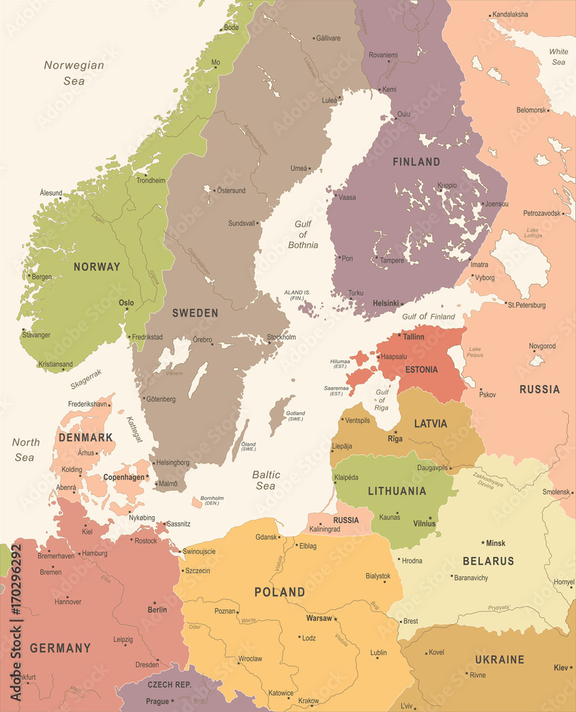 Naklejka premium Baltic Sea Area Map - Vintage Vector Illustration