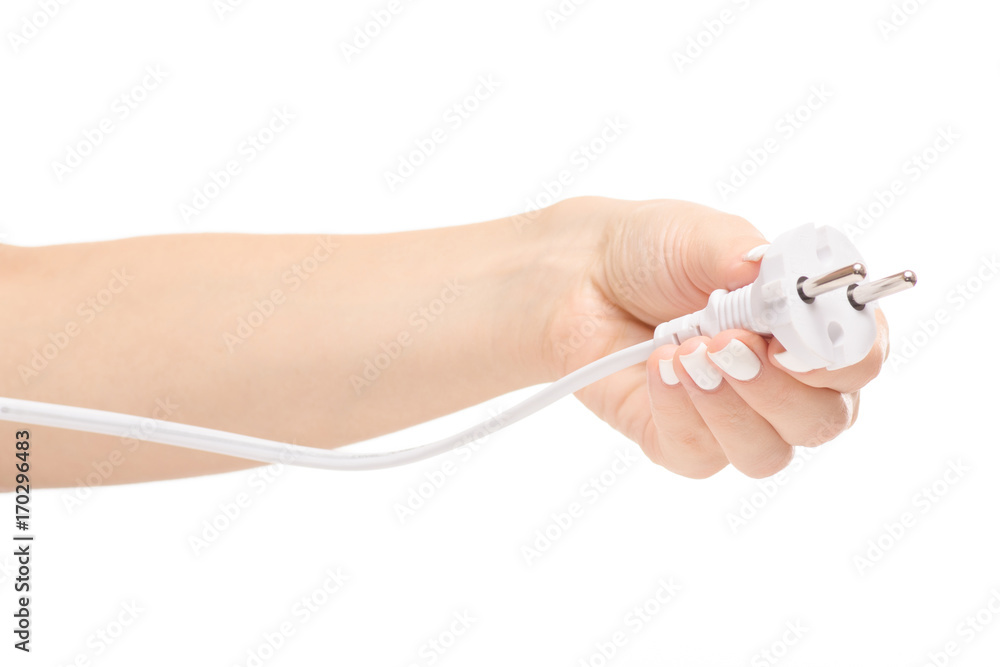 Female hand with electric plug Female hand with electric plug