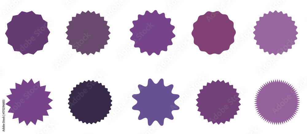 Set of icons badges starburst, sunburst, label, sticker. 10 different shades of purple, lilac, violet. Set of icons badges starburst, sunburst, label, sticker. 10 different shades of purple, lilac, violet.
