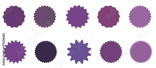 Set of icons badges starburst, sunburst, label, sticker. 10 different shades of purple, lilac, violet.