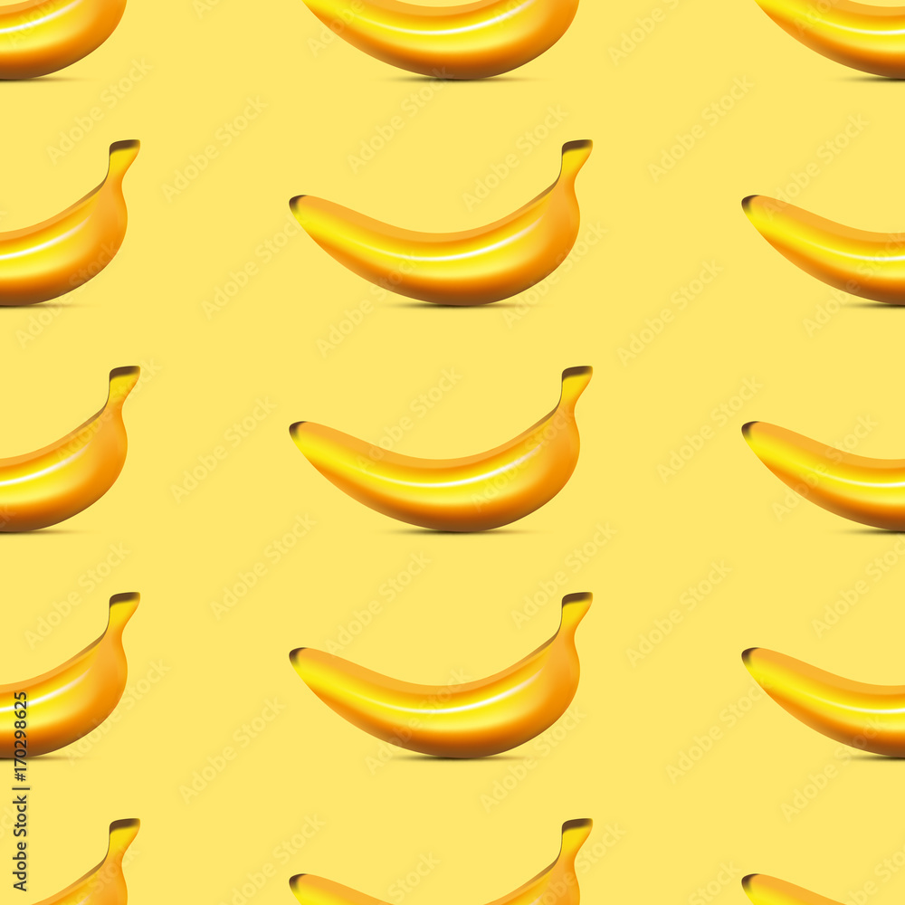 Banana with shadow on a yellow background. Seamless pattern. Vector illustration.