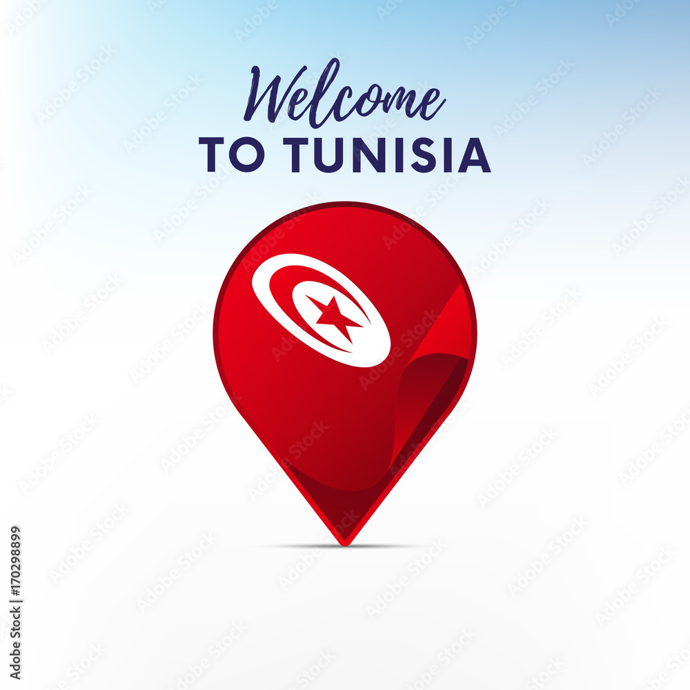 Flag of Tunisia in shape of map pointer or marker. Welcome to Tunisia. Vector illustration. Flag of Tunisia in shape of map pointer or marker. Welcome to Tunisia. Vector illustration.