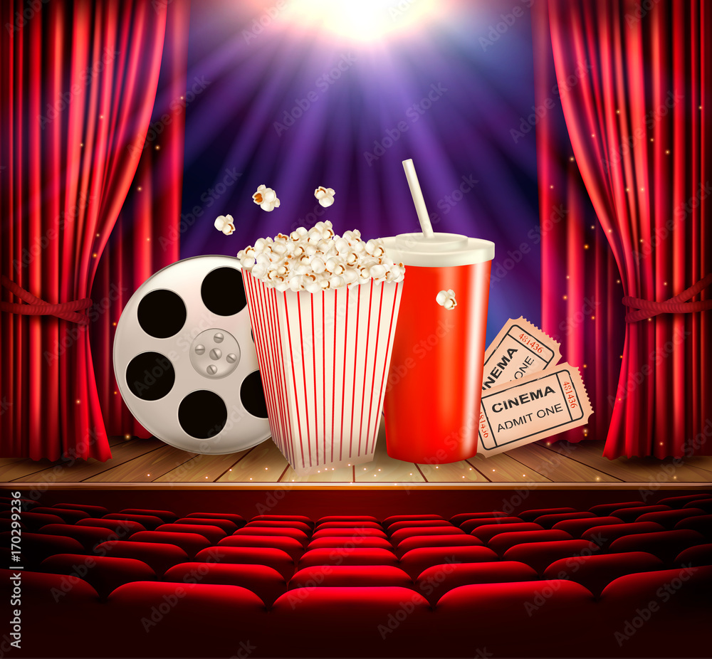 Obraz premium Cinema background with a film reel, popcorn, drink and tickets. Vector.
