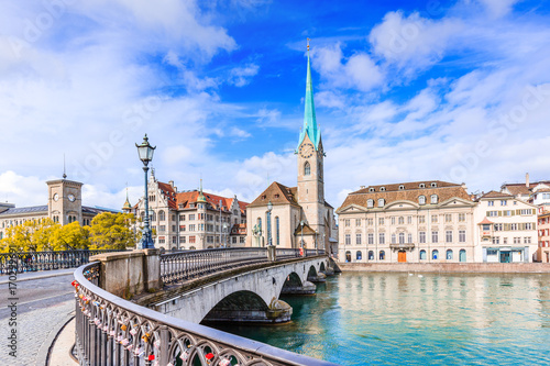 Zurich, Switzerland. View of the historic city center with famous Fraumunster Church, on the Limmat river.