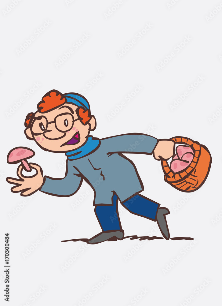 red hair child picking mushrooms. Character of boy, funny style, isolated. red hair child picking mushrooms. Character of boy, funny style, isolated.