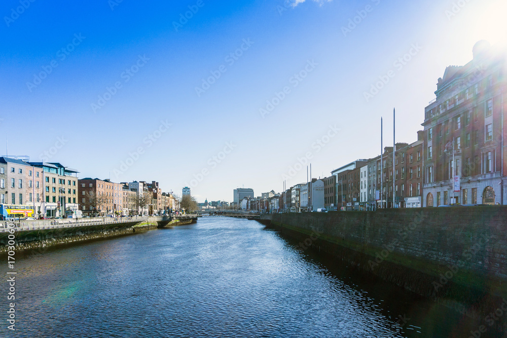 DUBLIN, IRELAND - March 31, 2017: Dublin City Center and river Liffey,Ireland