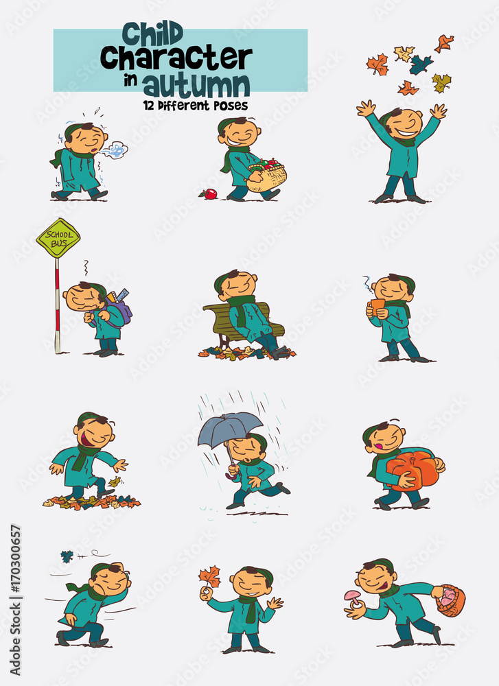 Set of twelve various poses of asian child character, celebrating the arrival of autumn.