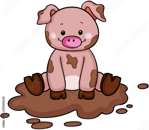Cute little pig in the mud