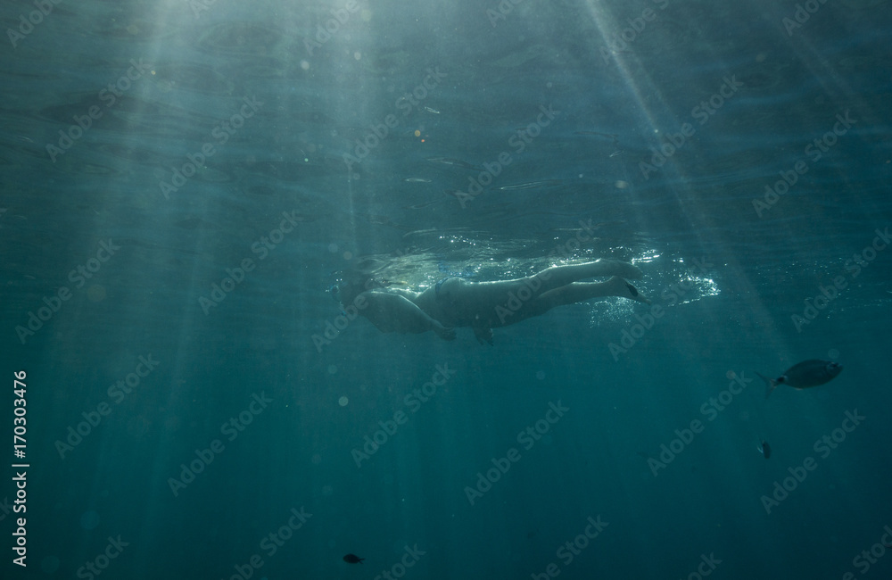 Fototapeta premium Man swimming underwater