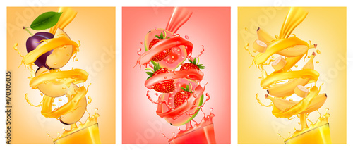 Set of labels of of fruit in juice splashes. Plum, guava, strawberry,banana. Vector.