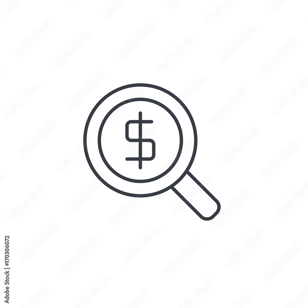 finance and money, magnifying glass with dollar symbol, bank investment search thin line icon. Linear vector illustration. Pictogram isolated on white backgroundfogmoney finance and money, magnifying glass with dollar symbol, bank investment search thin line icon. Linear vector illustration. Pictogram isolated on white backgroundfogmoney