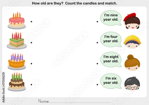 matching people and birthday cake - worksheet for education