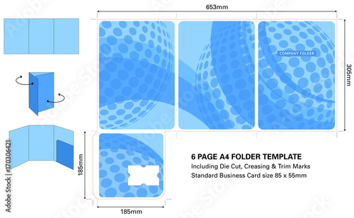 Six page A4 Presentation Folder template with Die Cut and standard business card slot