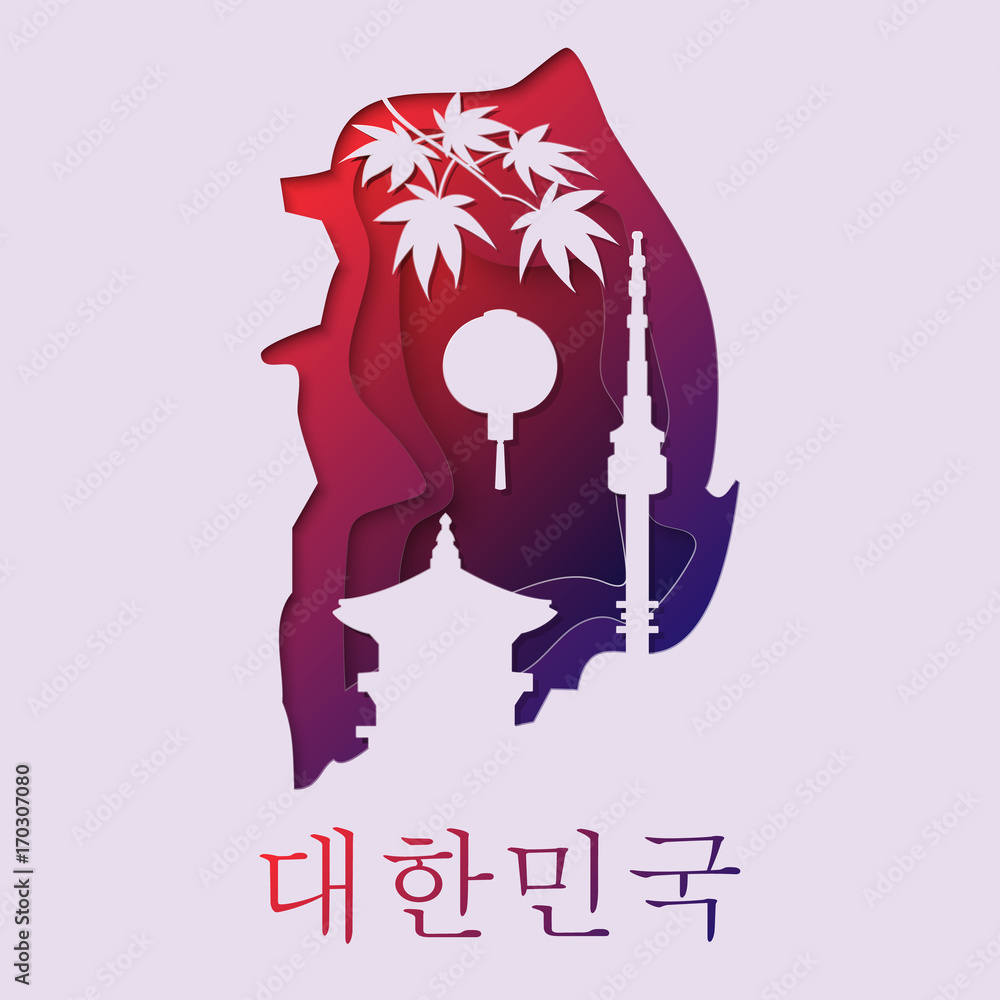 3d abstract paper cut illlustration of South Korea map and famous buildings. Vector travel template in carving art style 3d abstract paper cut illlustration of South Korea map and famous buildings. Vector travel template in carving art style