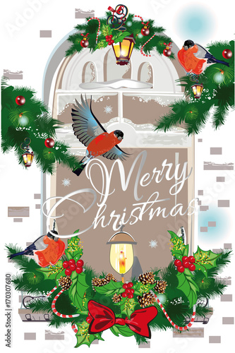 Christmas greeting card. Hand drawn vector Illustration of the Christmas tree decorated with a New Year s garland.  