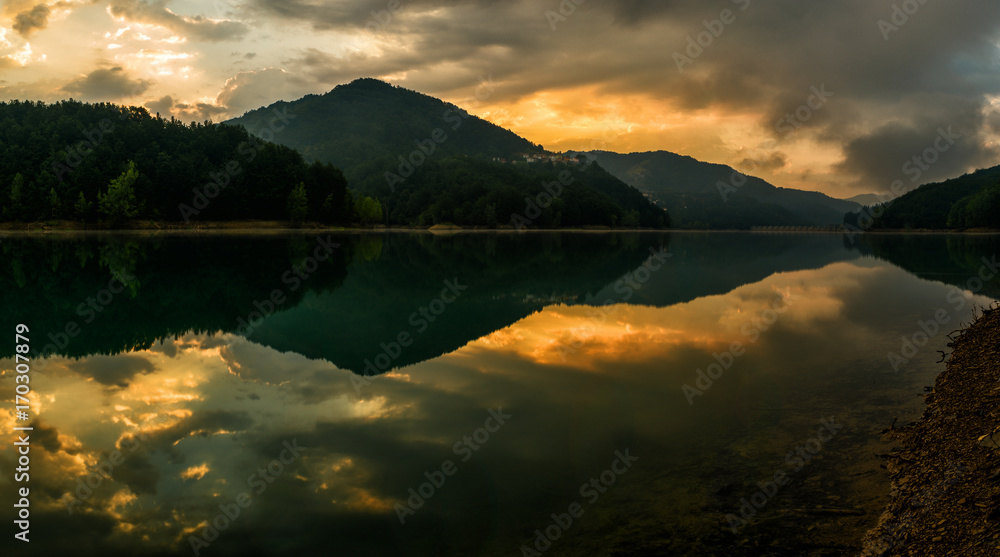 The Eye of Fire: First the Sun bent the Clouds, blew Fire in them and watched us, Lago del Brugneto, Parco dell'Antola, Liguria, Italy, Europe