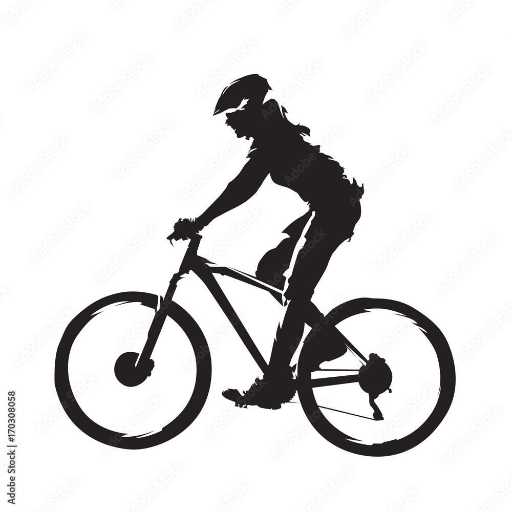 Fototapeta premium Woman riding mountain bike, cycling abstract silhouette, side view