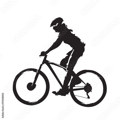 Woman riding mountain bike, cycling abstract silhouette, side view