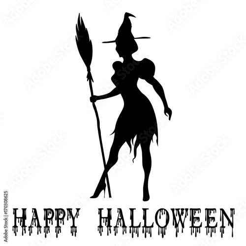 Silhouette of a beautiful witch with a broom in his hand and a magic hat. Cartoon style. Design element for a holiday greeting card, banner or poster for Halloween. Vector illustration