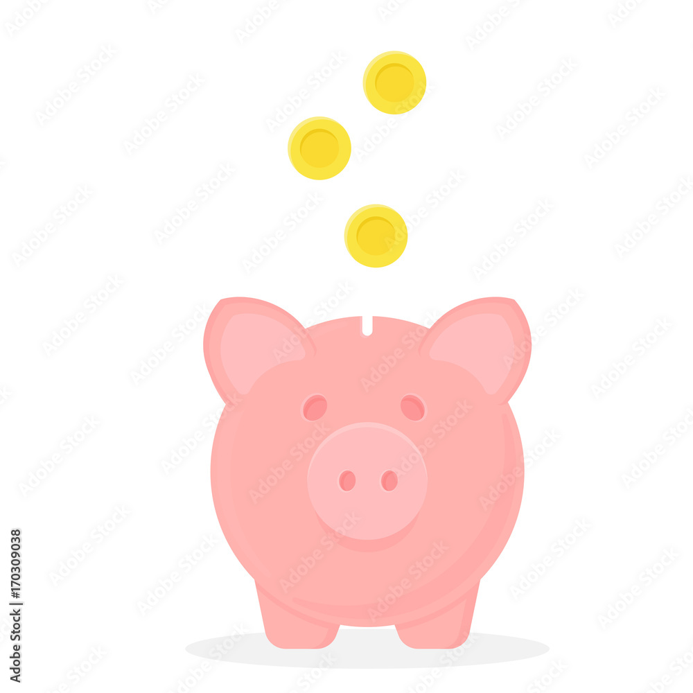 Piggy bank with falling coins. Vector icon. Save money Piggy bank with falling coins. Vector icon. Save money