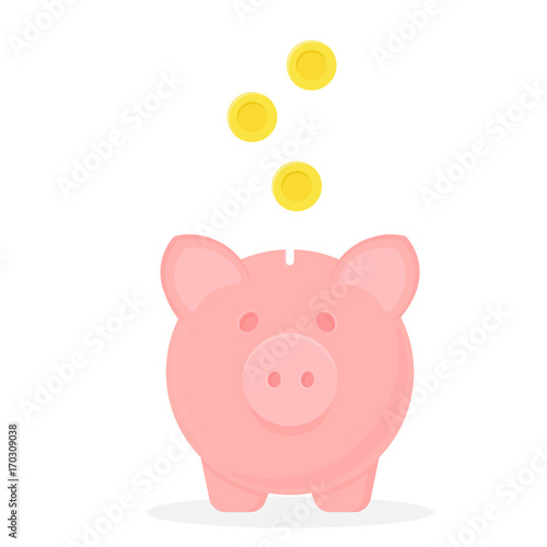 Piggy bank with falling coins. Vector icon. Save money