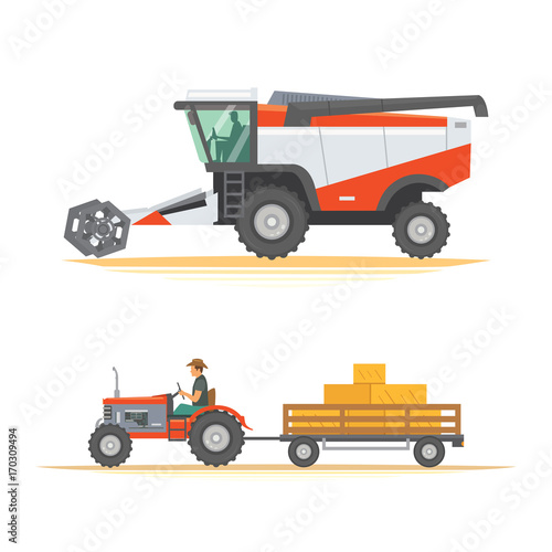 Set farm machinery. agricultural industrial equipment vehicles and farm machines. Tractors, harvesters, combines.