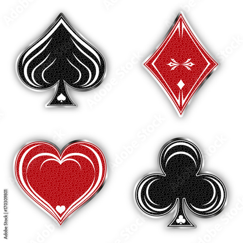 Set of symbols deck of cards for playing poker and casino in vintage style. Spades suit, diamonds, clubs and hearts. Vector illustration.