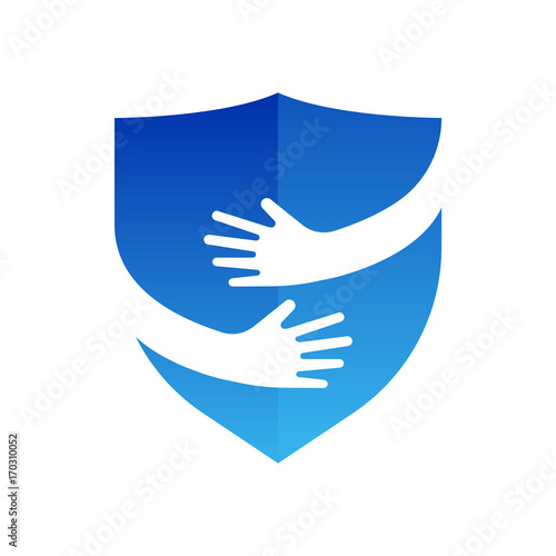 Hands and shield logo. Abstract logo design. Security and embrace symbol or icon. Unique protect and defense logotype design template.