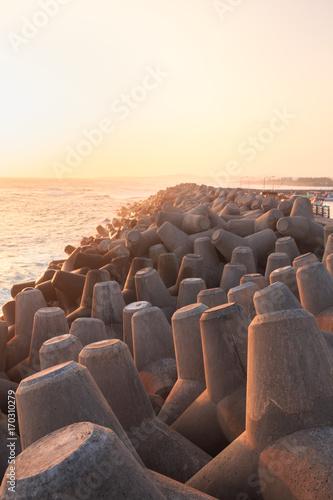 Seascape with concrete tetrapods at sunset