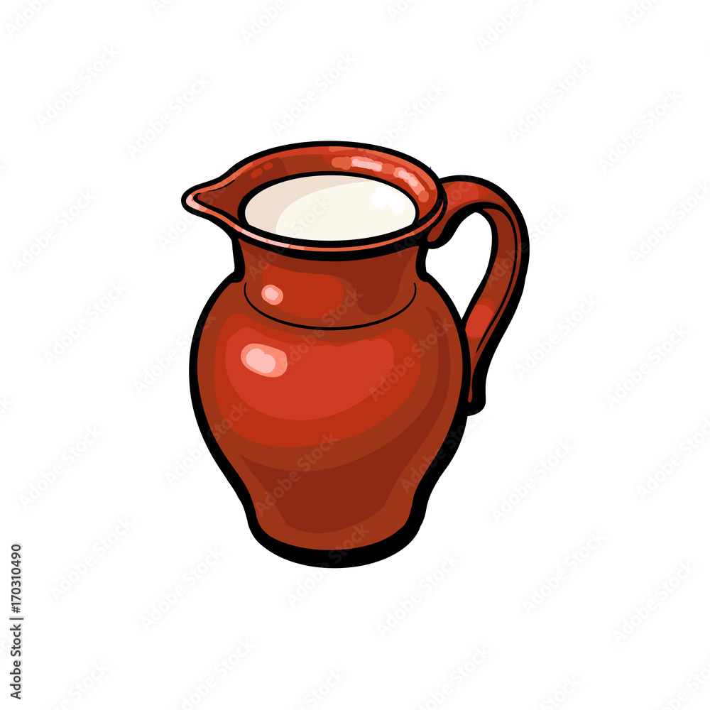 Brown clay pot, stoneware jug full of fresh cow, goat, sheep milk, sketch style vector illustration on white background. Realistic hand drawing of clay pot, stoneware jug with cow, sheep, goat milk