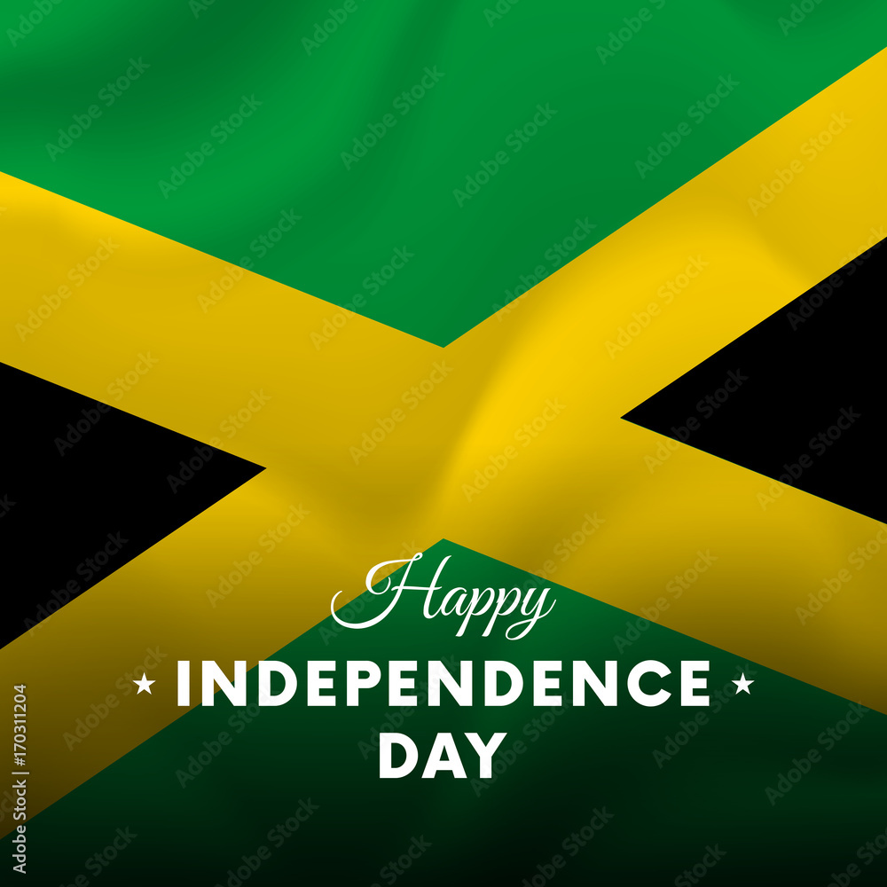 Banner or poster of Jamaica independence day celebration. Waving flag