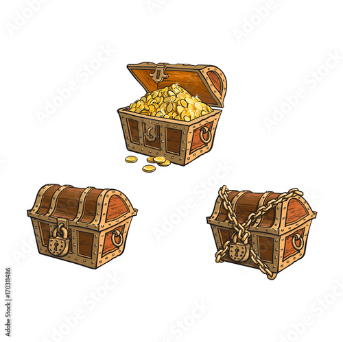 vector wooden treasure chest set. Isolated illustration on a white background. Opened, full of golden coins, closed and chained Flat cartoon symbol of adventure, pirates, risk profit and wealth.