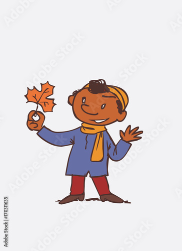 black child looking with interest at an autumn leaf. Character of boy, funny style, isolated.