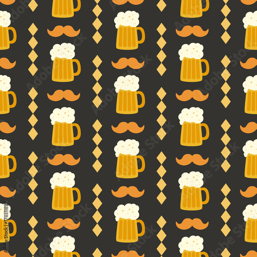 Oktoberfest seamless pattern with beer mug on black background