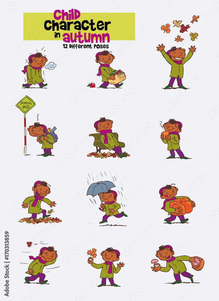 Set of twelve various poses of black child character, celebrating the arrival of autumn.