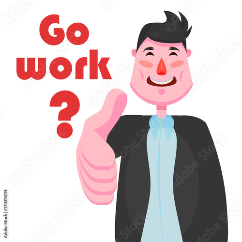 A businessman with a strong-willed chin is smiling happily holding out his hand and asks to go work 