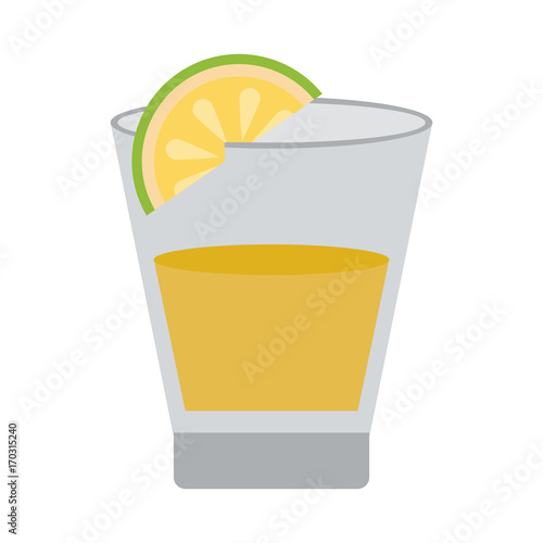shot of tequila with lemon slice mexican culture icon image vector illustration design 