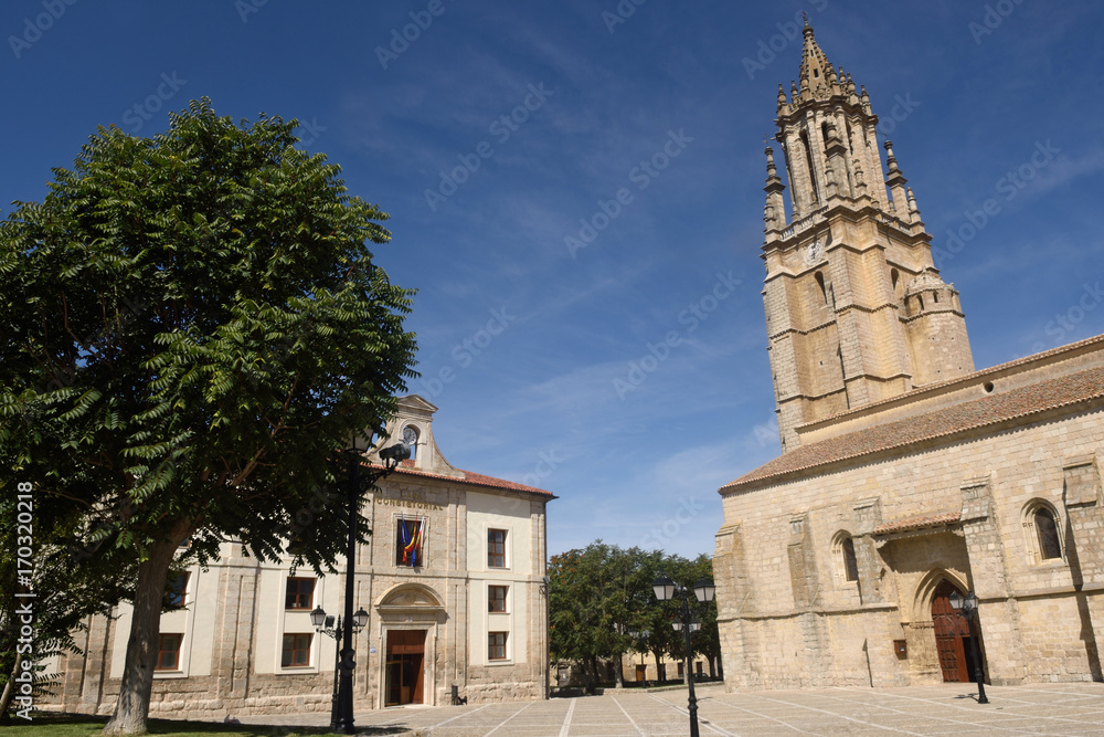 City hall and Church of San Miguel in Ampudia. Spain