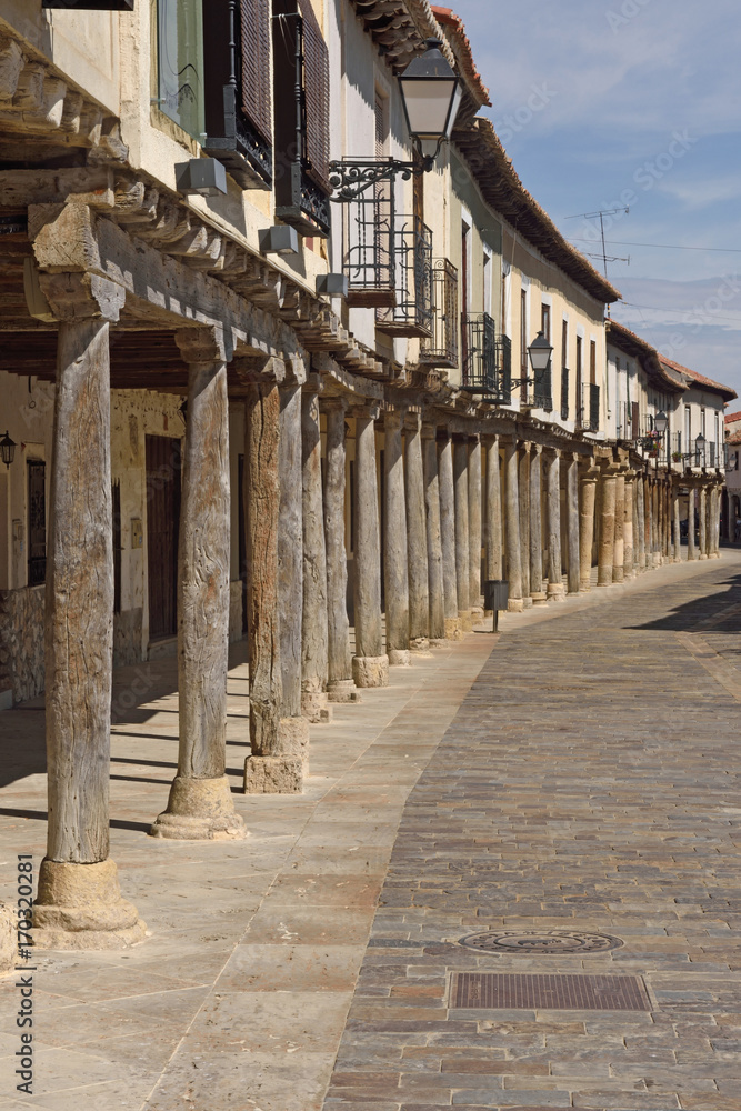 Street with arcades in Ampudia, Tierra de Campos, Palenciia province, Castilla y Leon, Spain
