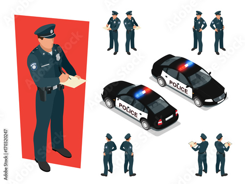 Isometric police-officer in uniform and police car. Vector illustration Isolated on white background. Police officer emergency service car driving street