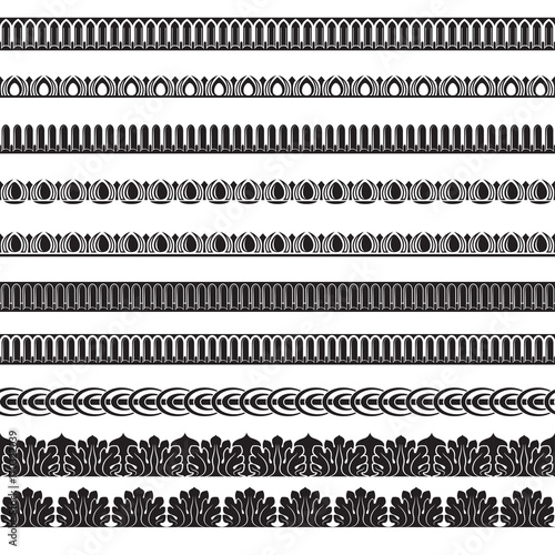 Set of black ornate seamless borders, classic architectural style. Pattern brushes are included.