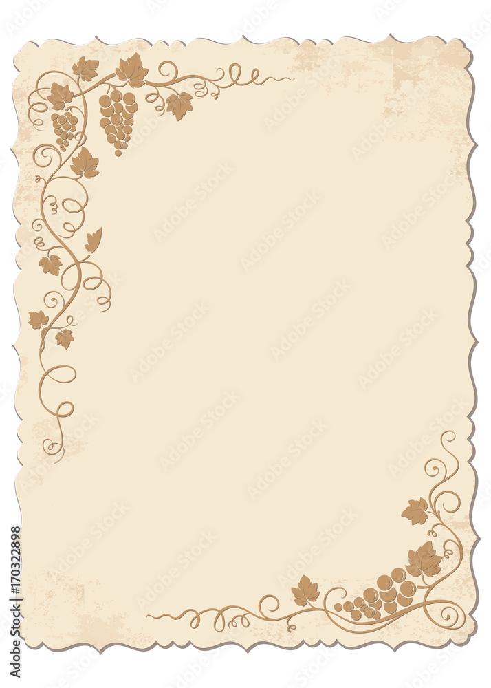 Retro postcard with carved edges, grunge and decorative grape vines. Retro postcard with carved edges, grunge and decorative grape vines.