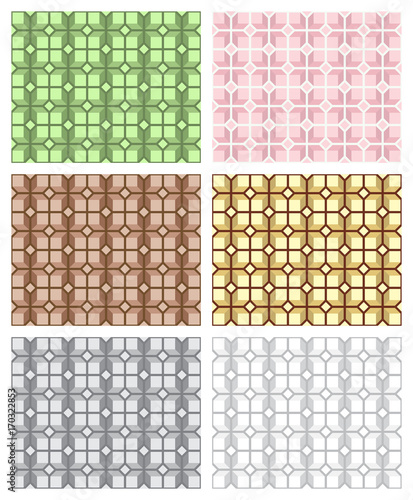 Set of seamless geometric patterns, opt art category. Swatches are included. Appropriate for textile, packing materials, website backgrounds. 