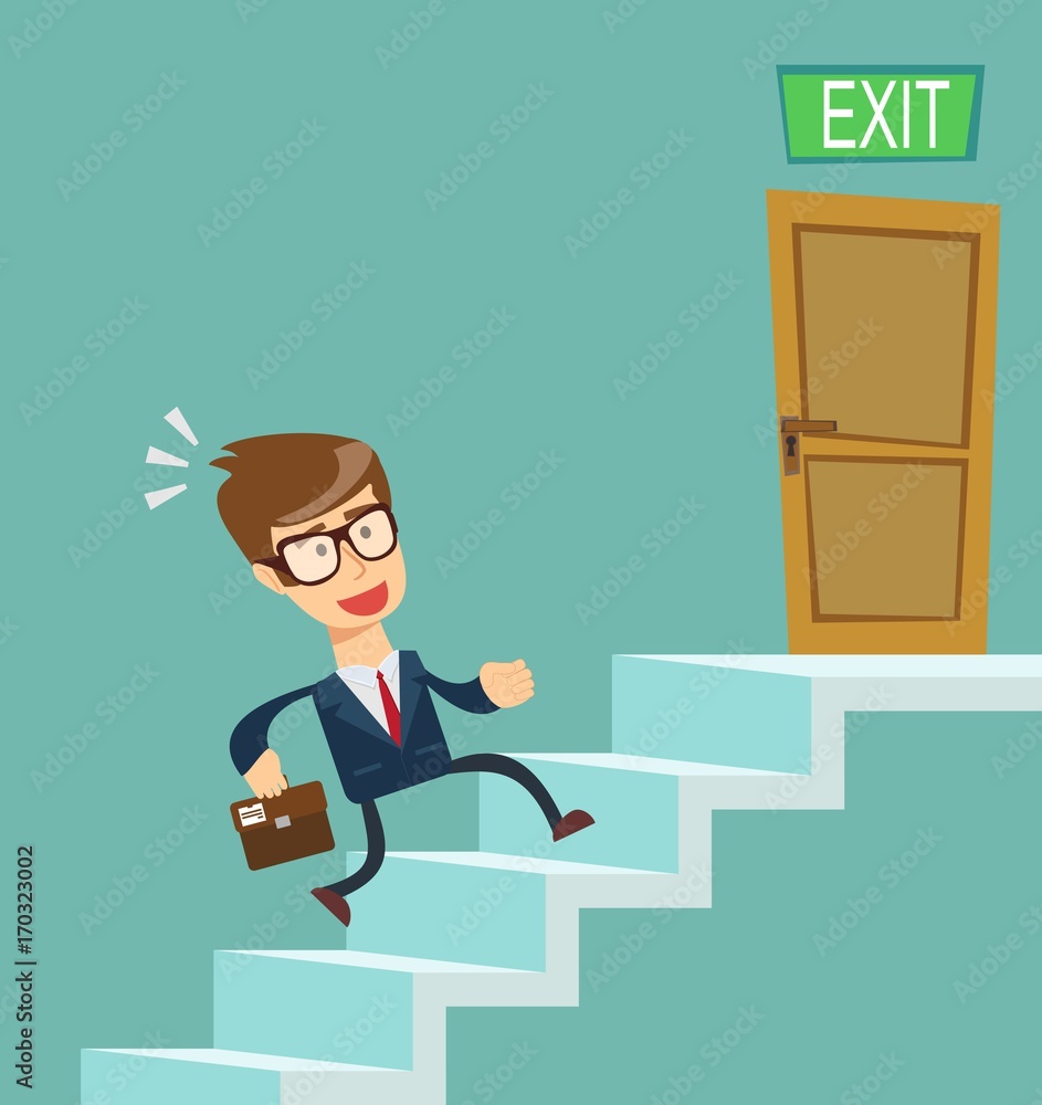 A young businessman going upstairs steadily, a closed door in the wall at the top. Concept of career growth. Stock flat vector illustration. A young businessman going upstairs steadily, a closed door in the wall at the top. Concept of career growth. Stock flat vector illustration.