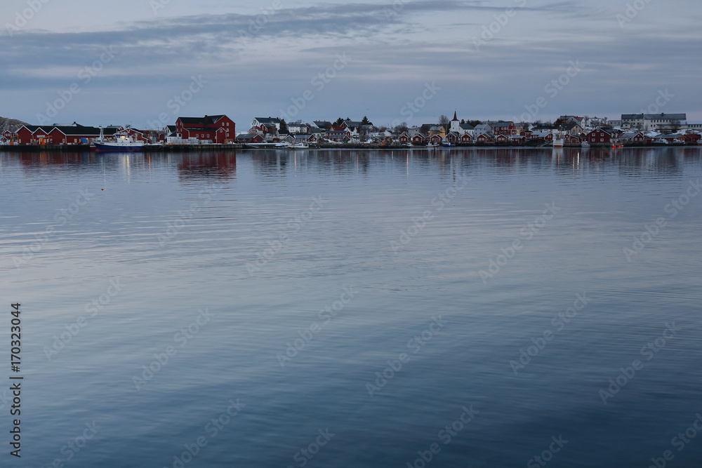 E-wards view over Reinevagen-bay to Reine village-harbor facilities. Moskenesoya-Lofoten-Nordland-Norway. 0345